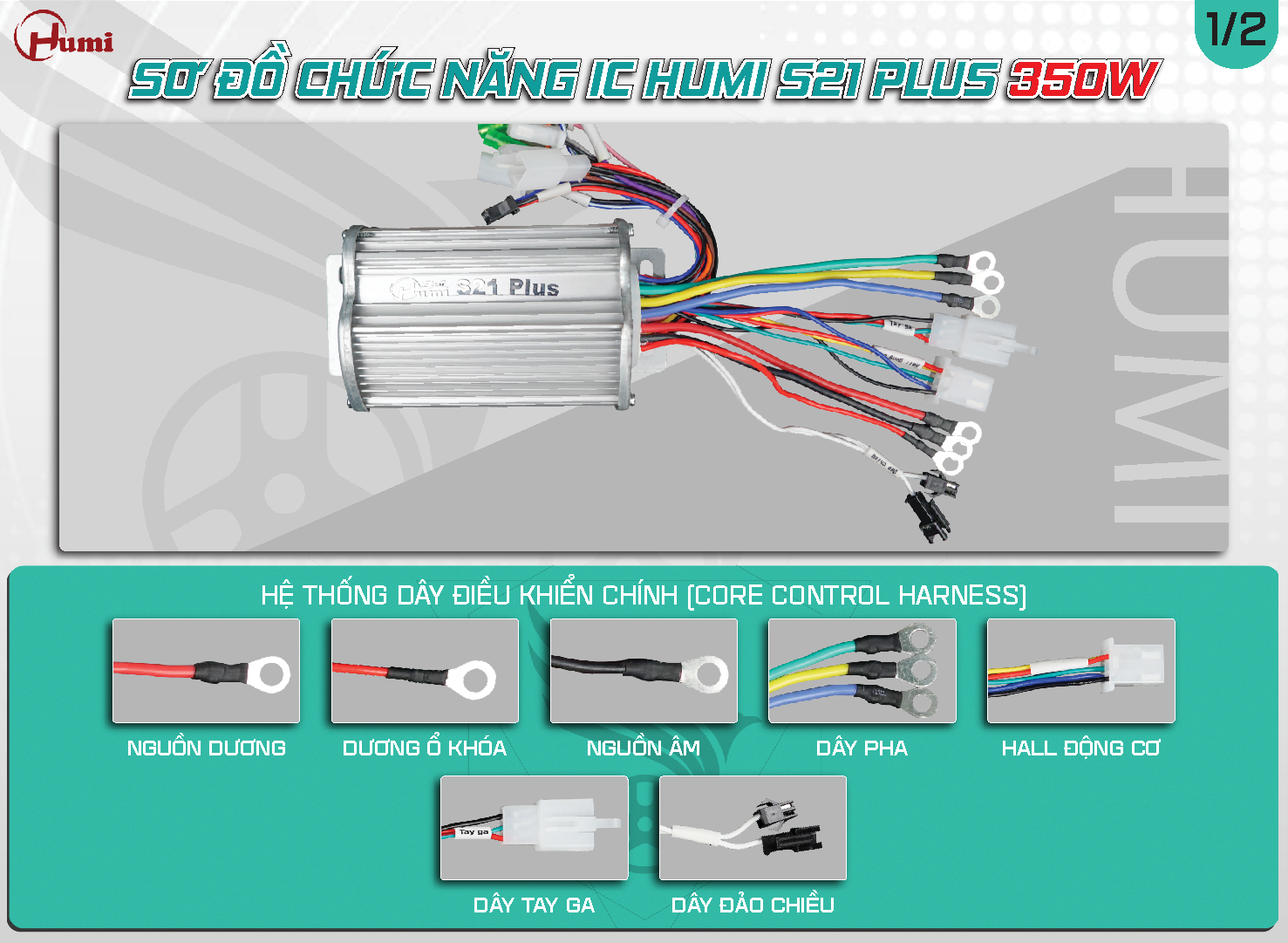 đấu dây IC Humi S21 Plus 350W: nguồn, pha, hall, tay ga, đảo chiều