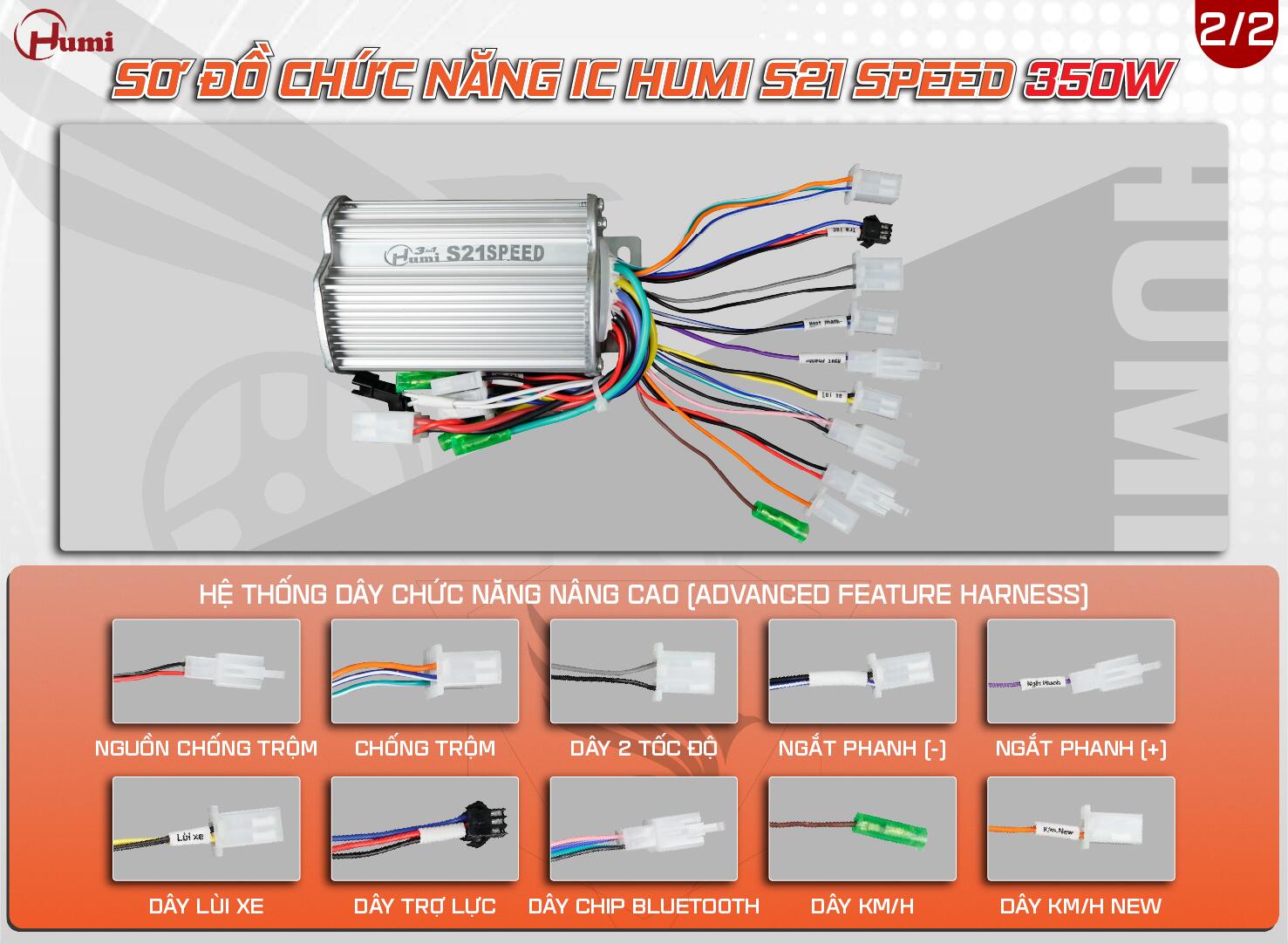 Màu dây IC Humi S21 Speed 350W: nguồn chống trộm, chống trộm, 2 tốc độ, ngắt phanh (−)/(+), lùi xe, trợ lực PAS, Bluetooth, KM/H & KM/H New