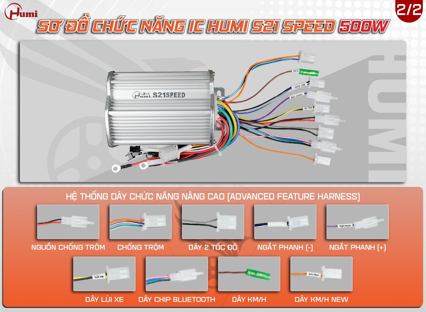 Màu dây IC Humi S21 Speed 500W: nguồn chống trộm, chống trộm, 2 tốc độ, ngắt phanh (−)/(+), lùi, Bluetooth, KM/H & KM/H New