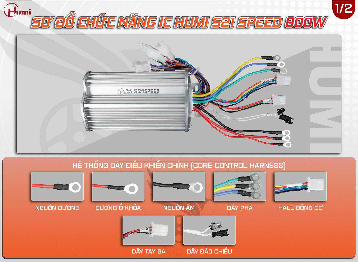 Sơ đồ đấu dây IC Humi S21 Speed 800–1000W: B+/B−, dương ổ khóa, 3 dây pha vàng/xanh lá/xanh dương, giắc Hall, tay ga, đảo chiều