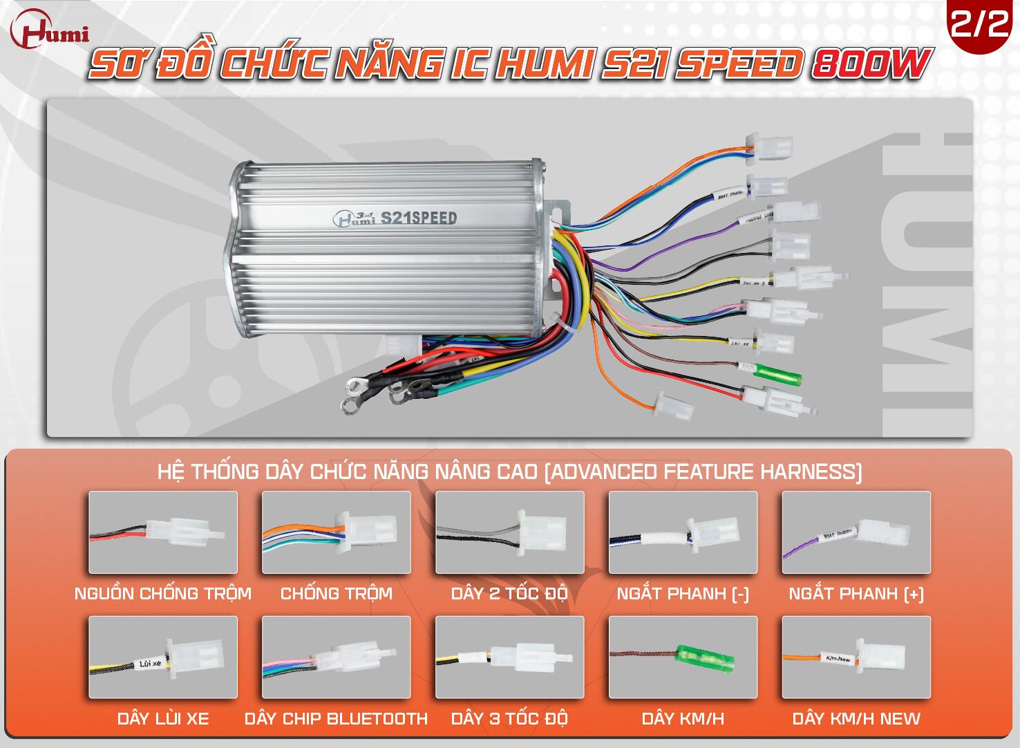 Màu dây IC Humi S21 Speed 800–1000W: nguồn chống trộm, chống trộm, Bluetooth, ngắt phanh (−)/(+), lùi, 2 tốc độ, 3 tốc độ, KM/H & KM/H New