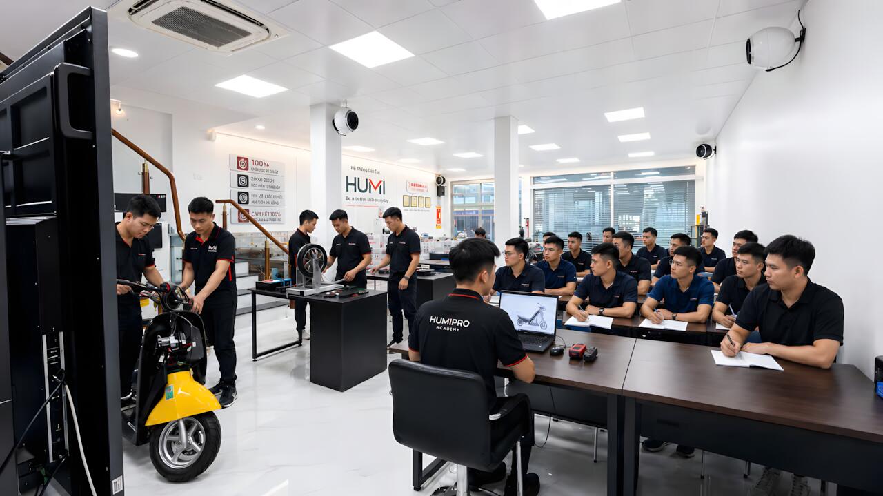 Không khí lớp học nghề sửa xe điện tại Humipro — học viên thực hành trực tiếp trên xe đạp điện