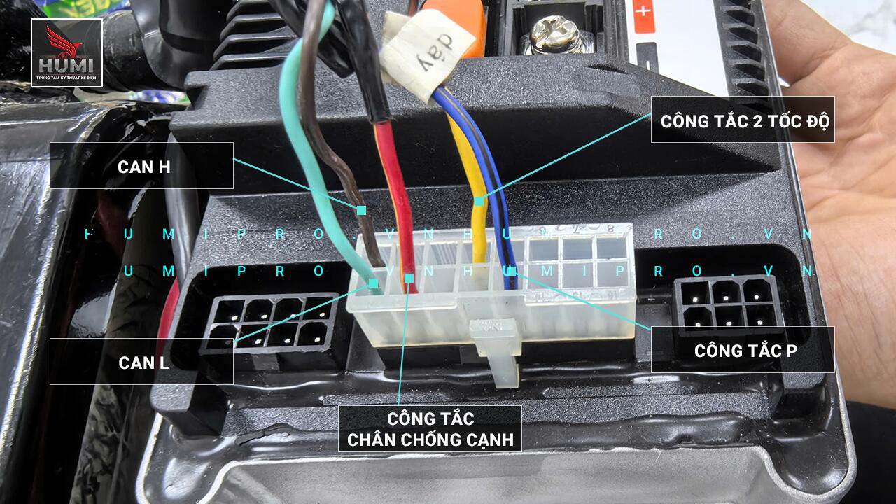 Sơ đồ đấu dây giắc 16 lỗ IC Vinfast Motio — CAN H màu nâu, CAN L màu xanh ngọc, công tắc 2 tốc độ vàng, chân chống cạnh đỏ sọc vàng và công tắc P xanh dương sọc đen