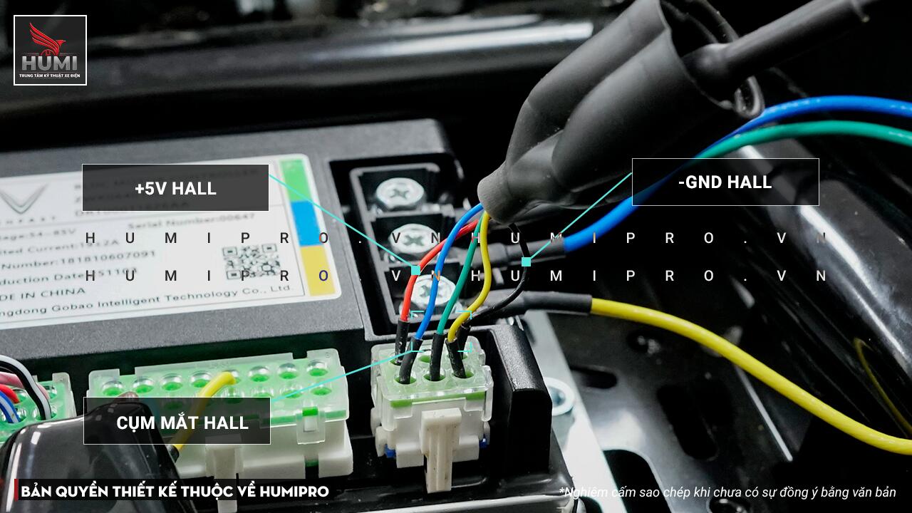 Sơ đồ dây cụm mắt Hall IC Vinfast Zgoo — +5V Hall đỏ, GND Hall đen, Hall A xanh dương, Hall B xanh lá, Hall C vàng